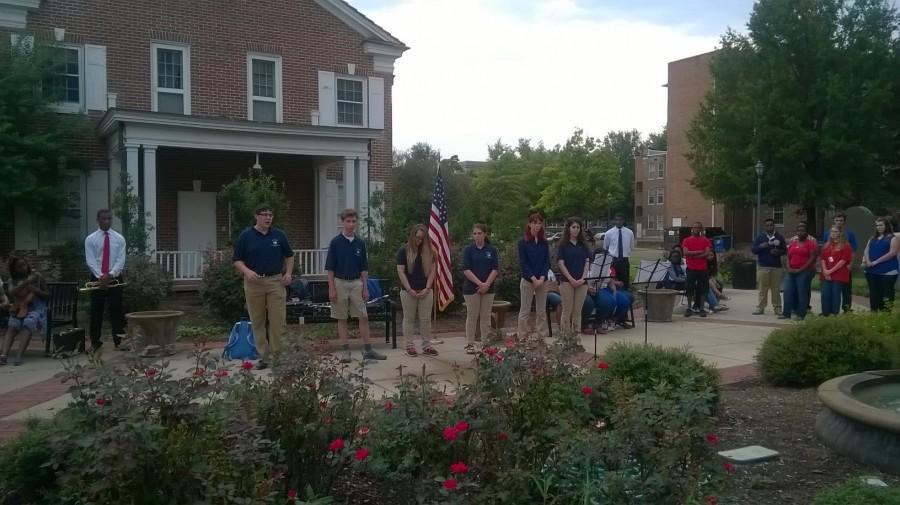 Dressed in navy for remembrance,  MSMS students present a memorial in honor of those affected by 9/11.