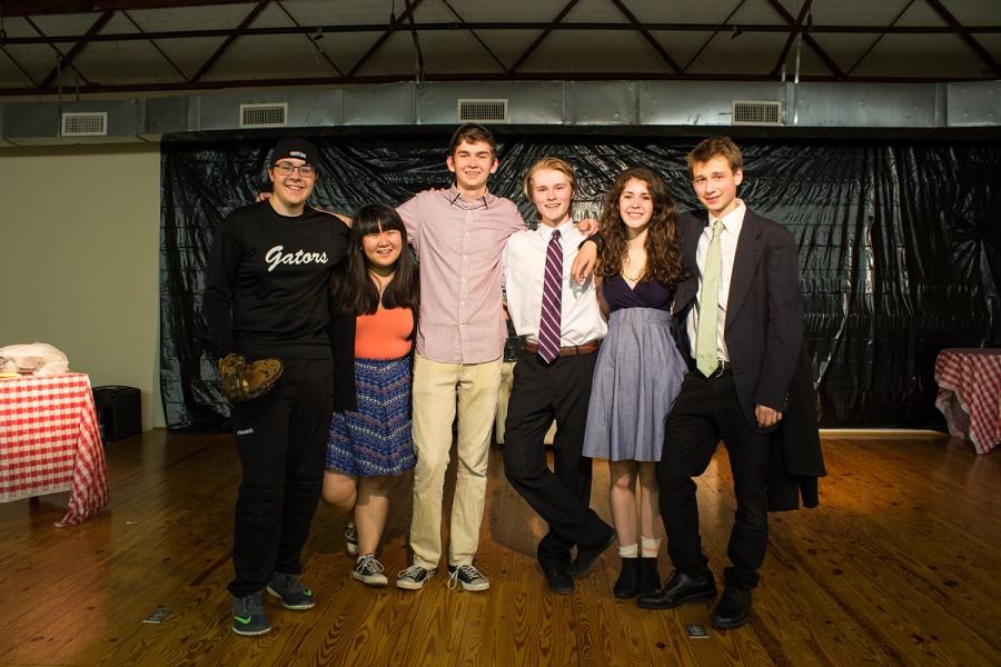 (from left to right) Alex Leise, Haley Hsu, West Givens, Michael Kyzar, Emily Shy, and Griffin Emerson all pose after Drama Clubs performance of Family 2.0.