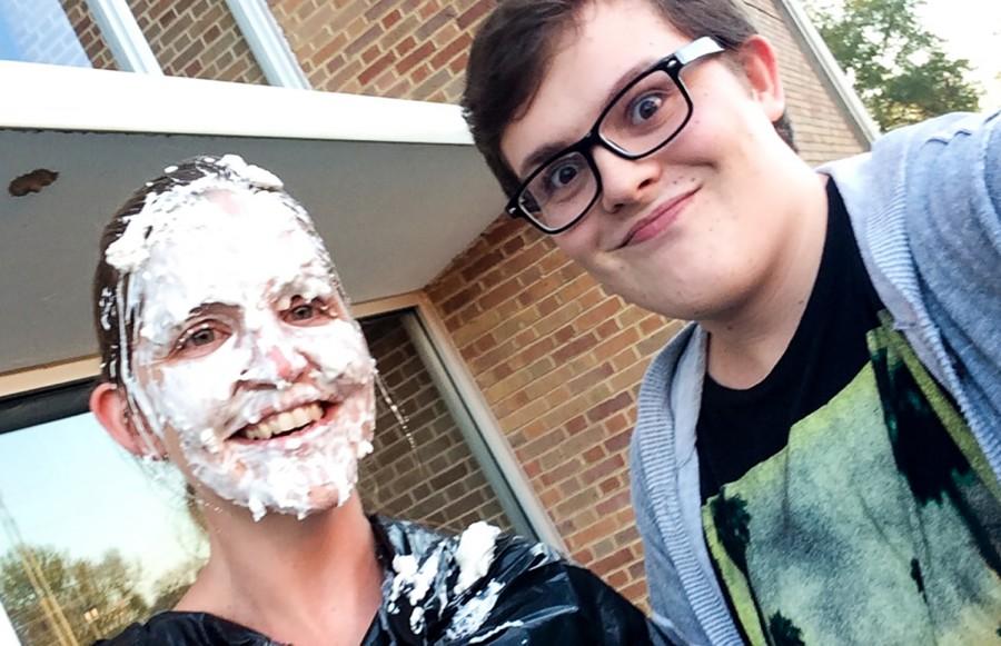 (from left to right) Mrs. Zarandona and Greg Parker immediately following the aftermath of the pie the teacher.