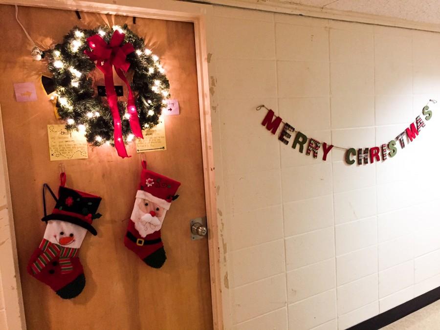 Holiday trinkets decorate the halls and doors of Goen Hall