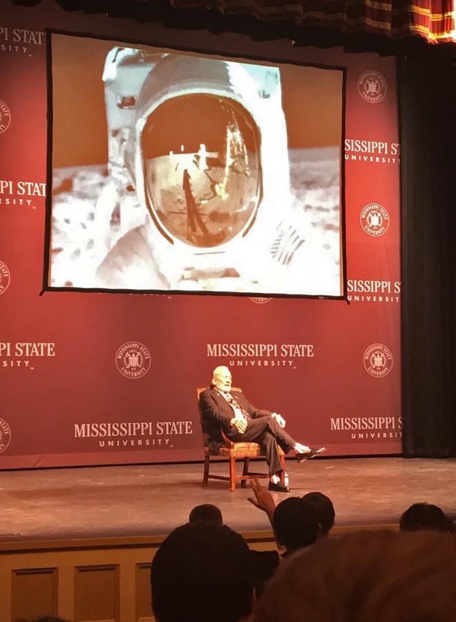 Astronaut Buzz Aldrin answers audience questions at Mississippi State University. 