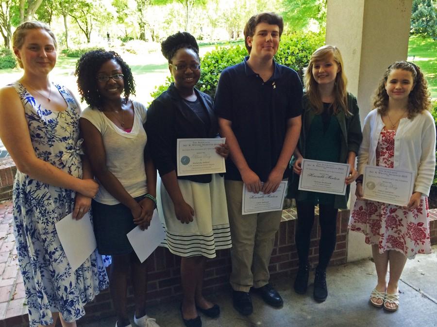 (from left to right) Jenny Bobo, Sasha Edwards, Markeisha Pollard (2015 MSMS graduate), Connor Hultman (2015 graduate), Shawna Mckissack, and Laurel Lancaster pose after a recognition ceremony at Millsaps College in Jackson, Miss. for the 2015 Scholastic Writing Awards. 