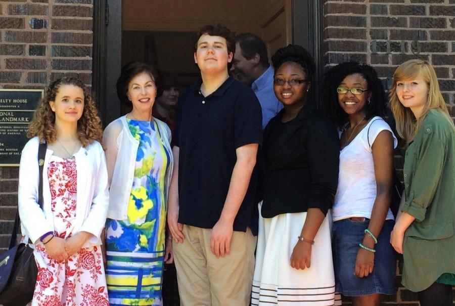 (from left to right)  Laurel Lancaster; Mary Alice White, the niece of Eudora Welty and board member of Eudora Welty Foundation; Connor Hultman, class of 2015; Markeisha Pollard, class of 2015; Sasha Edwards; and Shawna Mckissack pose in front of the Eudora Welty House and Museum in Jackson, Miss. after their recognition at Millsaps College for recognition in the 2015 Scholastic Writing Awards. 