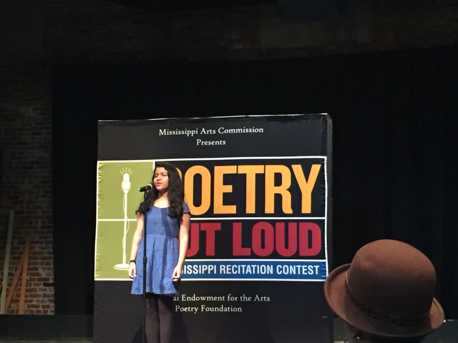 Wrishija Roy reciting at the regional Poetry Out Loud competition at the University of Mississippi in Oxford, Miss.