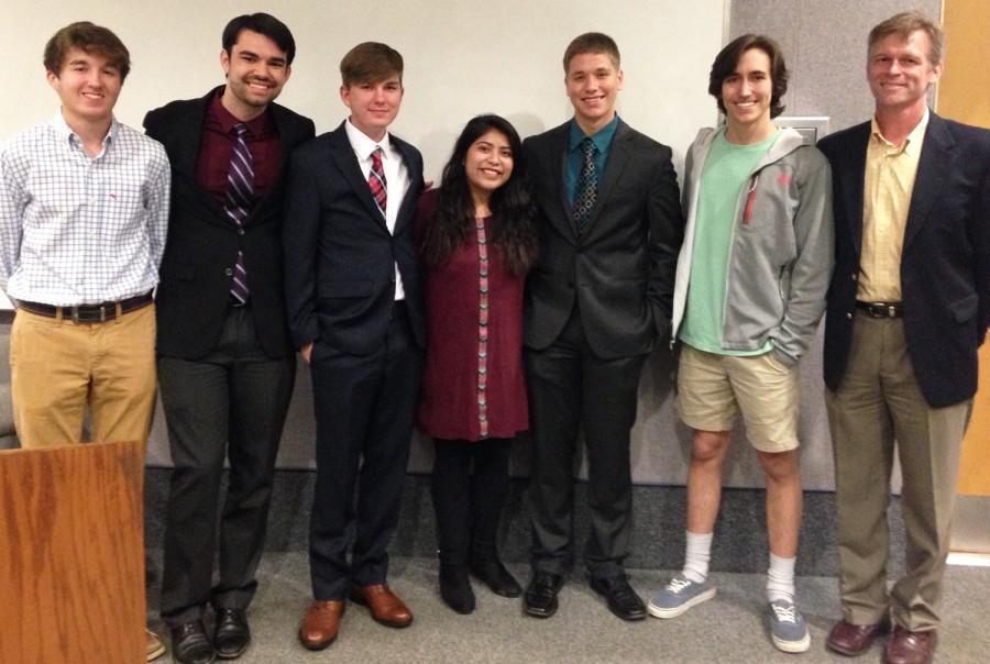 MSMSs chapter of Interfaith Dialogue celebrates a successful summit on April 16. Pictured from left: Noah McKone, Jake Bozlee, Connor McNamee, Bianca Martinez, Braeden Foldenauer, Dustin Dunaway and Dr. Thomas Easterling. 
