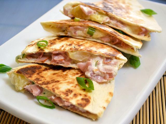 Picture from http://www.budgetbytes.com/2012/09/hawaiian-ham-quesadillas/
 // Hawaiian Ham Quesadilla