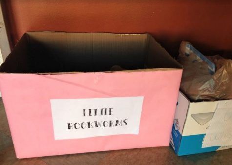 Box placed in Goen lobby for book collection by Little Bookworms 