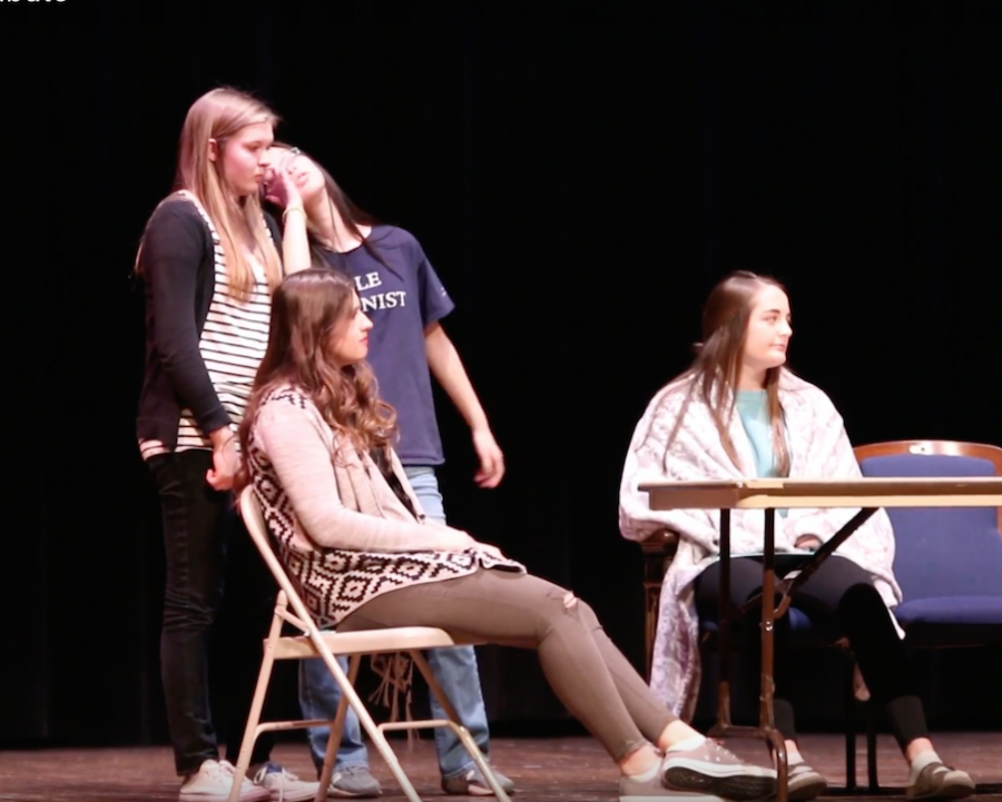 Erin Owen (as Sydney Melton), Barrie Wright (as Angie Harri), Rebecca Chen (as Michelle Li), and Rosie Andrews (as Liz Lanford) in their friends scene at Senior Tribute. 