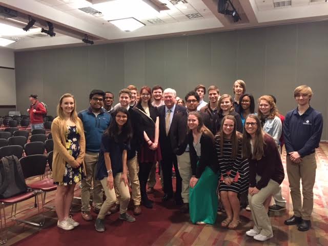 Former Mississippi governor, Haley Barbour, poses with the MSMS students who attended his speech.