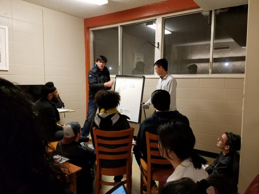 Steven Chung and Jim Zhang lead the weekly beginner Chinese class.