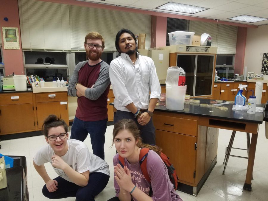 Lyndsey Burcham (bottom left), Zach Burcham (top left), Gabe Posadas (top right), and student Mary Owings (bottom right) pose for a humorous picture on the biology instructors last night. 