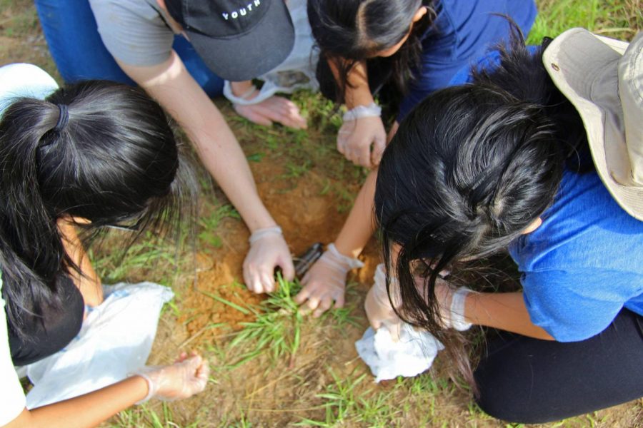 Gina Nguyen, Millie Perdue, Catherine Boltz and Caroline Boltz work together to dig up a glass bottle.