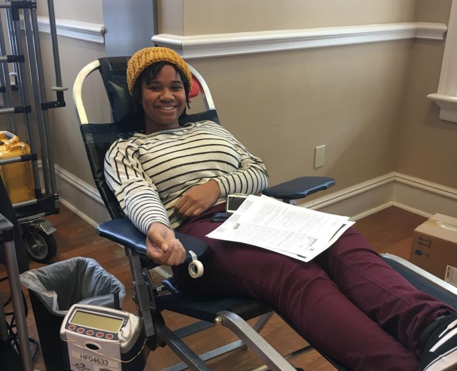 MSMS Senior Samantha Anderson eagerly awaits to give blood.