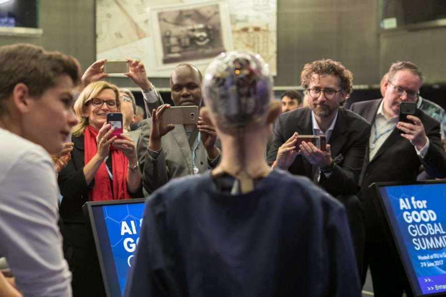 Sophia, one of the first steps towards creating Artificial Intelligence in a human-likeness, speaks at the AI for GOOD Global Summit in Geneva, Switzerland.
