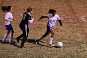 Erin Williams runs with the ball while Ashley Nguyen tries to hold back an opponent.