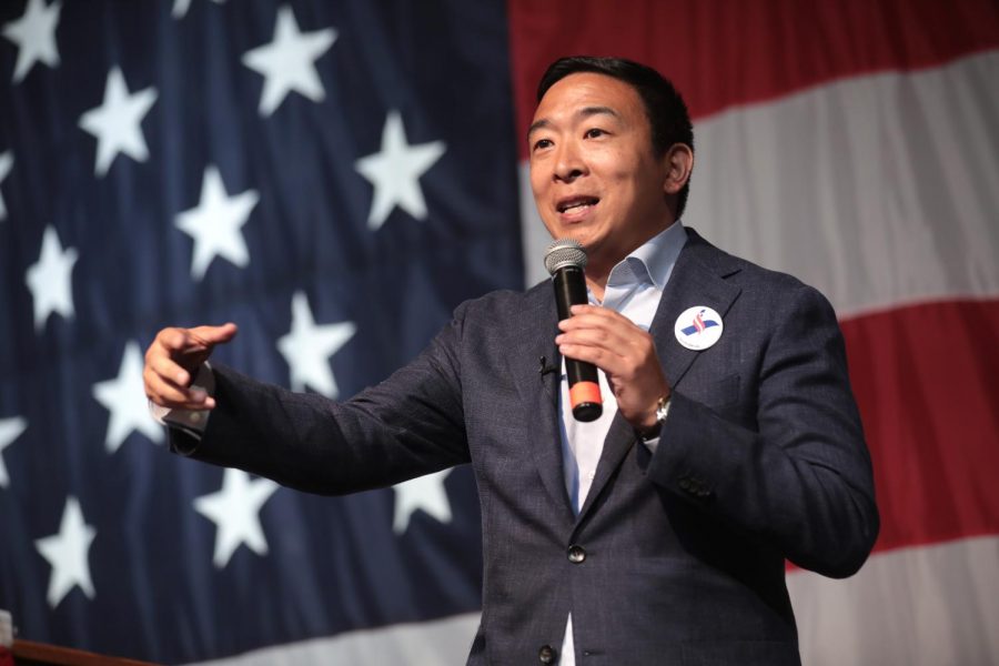 Democratic presidential candidate Andrew Yang speaks to his supporters at a campaign rally.