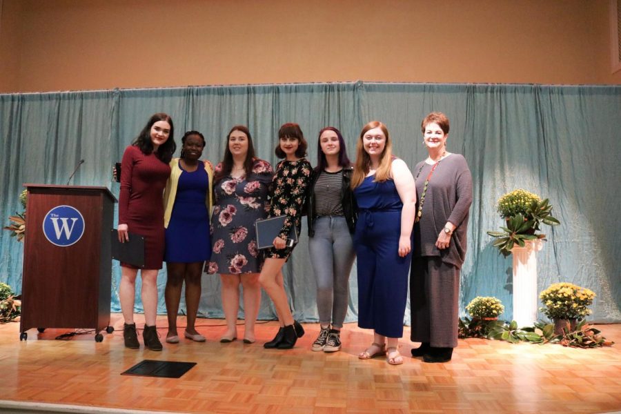 (Left to right) Shelby Tisdale, Violet Jira, Ryley Fallon, Lily Blangstaff, Abby Strain, Felicity Browning, and Creative Writing Instructor Emma Richardson