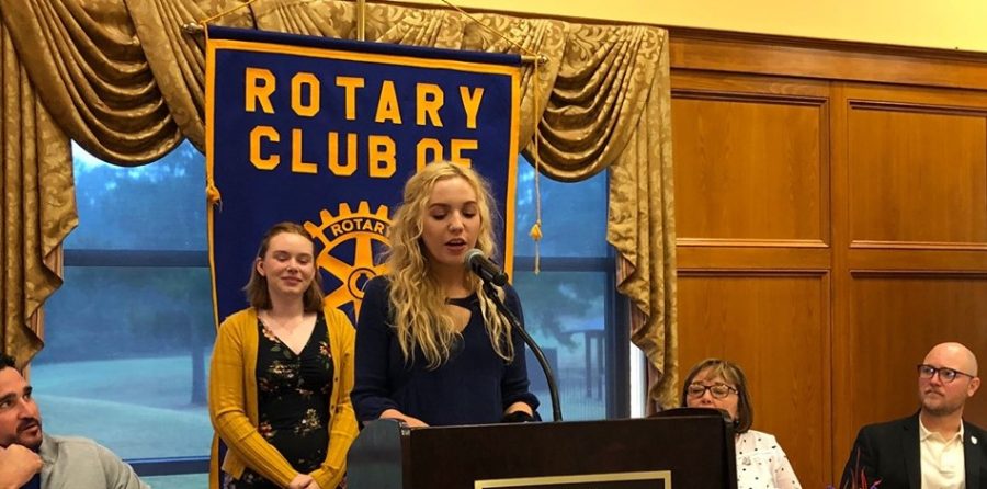 Alden Wiygul (left) and Gracie Rowland (right) speak to the Rotary Club of Columbus, Miss.