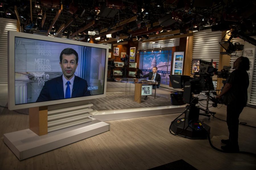 Chuck Todd speaks with 2020 Democratic presidential candidate and Mayor of South Bend, Indiana Pete Buttigieg before recording a segment of Meet the Press.