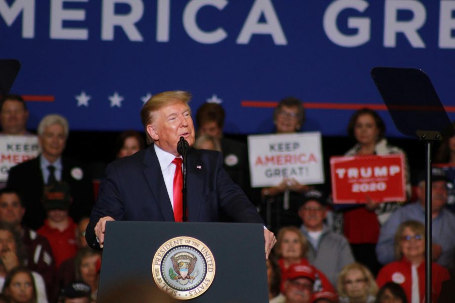 President+Trump+speaks+out+into+the+crowd+during+the+rally.