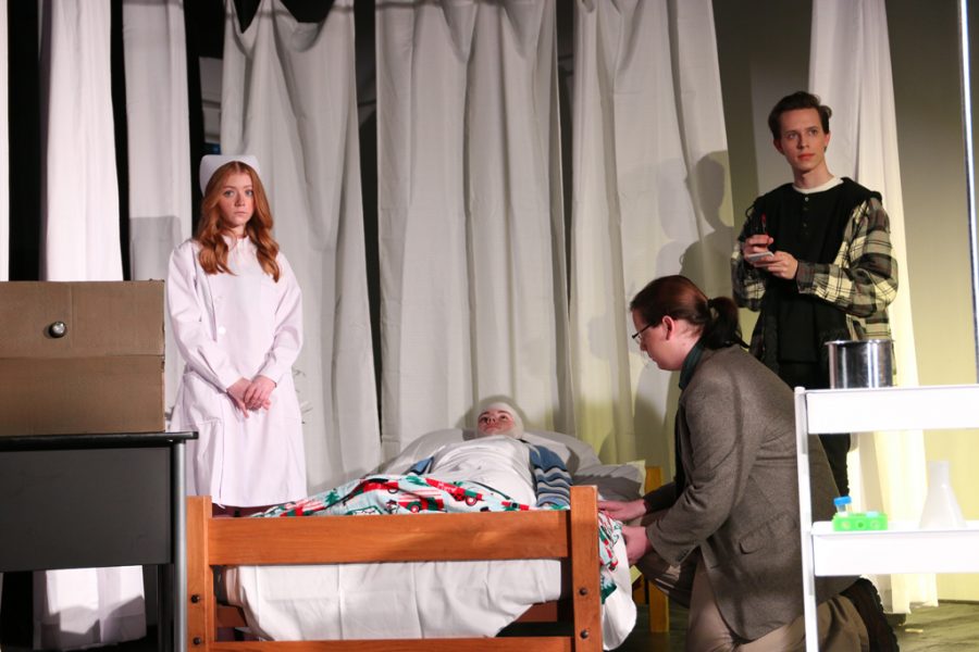 Seniors (from left to right) Taylor Willis, Samantha Holland, Garrett Wells and Davan Reece portray their characters in Dramatic Performances rendition of Agatha Christies The Patient.