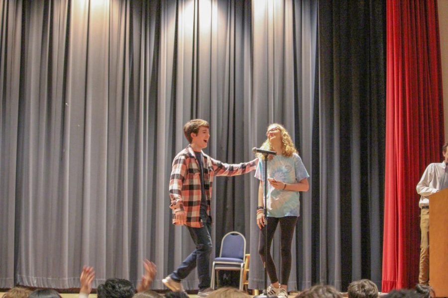 Senior Tribute 2020 featured varying acts performed by juniors and current seniors alike. Kate Hall and Luke Bowles step up to the mic to perform their parts.