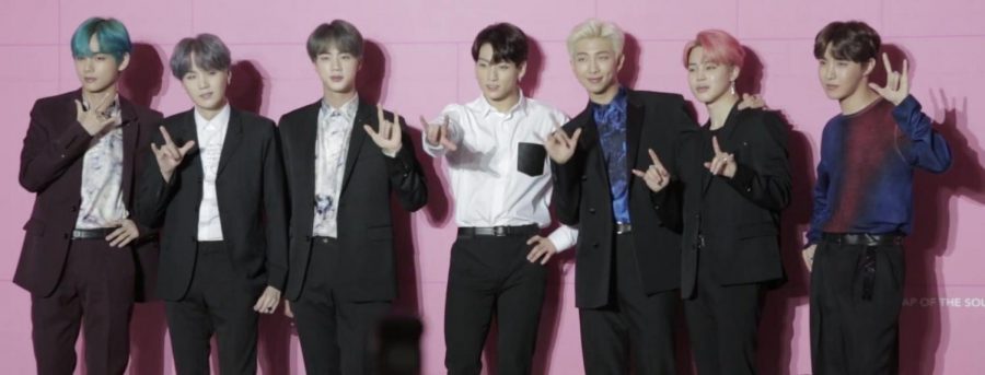 BTS at a press conference for their previous album, Map of the Soul: Persona.