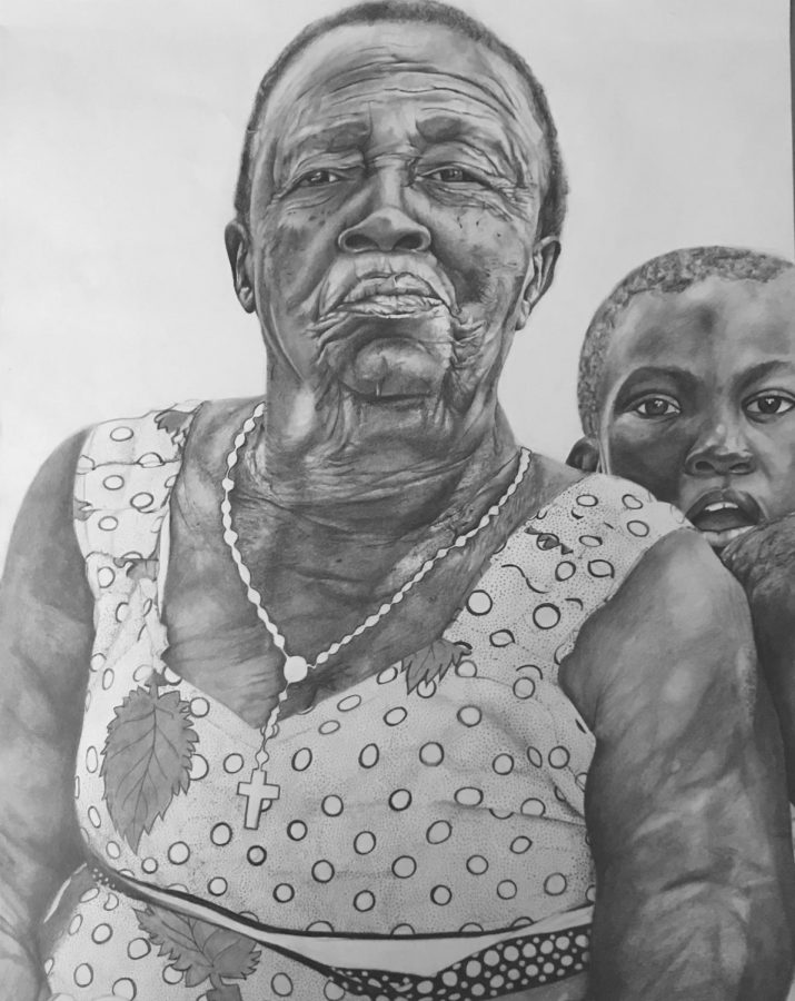 Tisdales Refugees Prayer depicts a South Sudanese woman, Mary, in a Ugandan refugee camp. Behind her are grandchildren, some of whom were adopted after their parents murders.