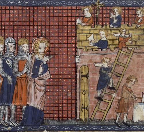 A medieval painting of St. Valentine and his disciples, who married people against the will of the Roman empire.