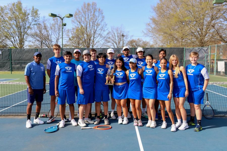 The+MSMS+tennis+team+took+its+third+consecutive+title+as+district+champions+March+30.+In+the+final+district+match+against+French+Camp%2C+the+Blue+Waves+secured+their+title+in+a+4-3+win.+