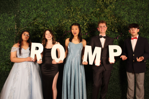 The Junior Class Officers, from left to right Historian Muno Singh,  Secretary Vic West, President Iris Xue, Vice President Jules Gallo and Treasurer Asher Rials, pose at the MSMS 2023 Glittering Grove Prom. The Junior Class Officers planned various details of the event throughout the year to ensure it was memorable for the MSMS student body.