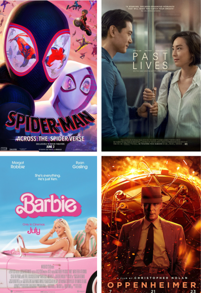Promotional material for Spider-Man: Across the Spider-Verse, Past Lives, Barbie and Oppenheimer are shown above.