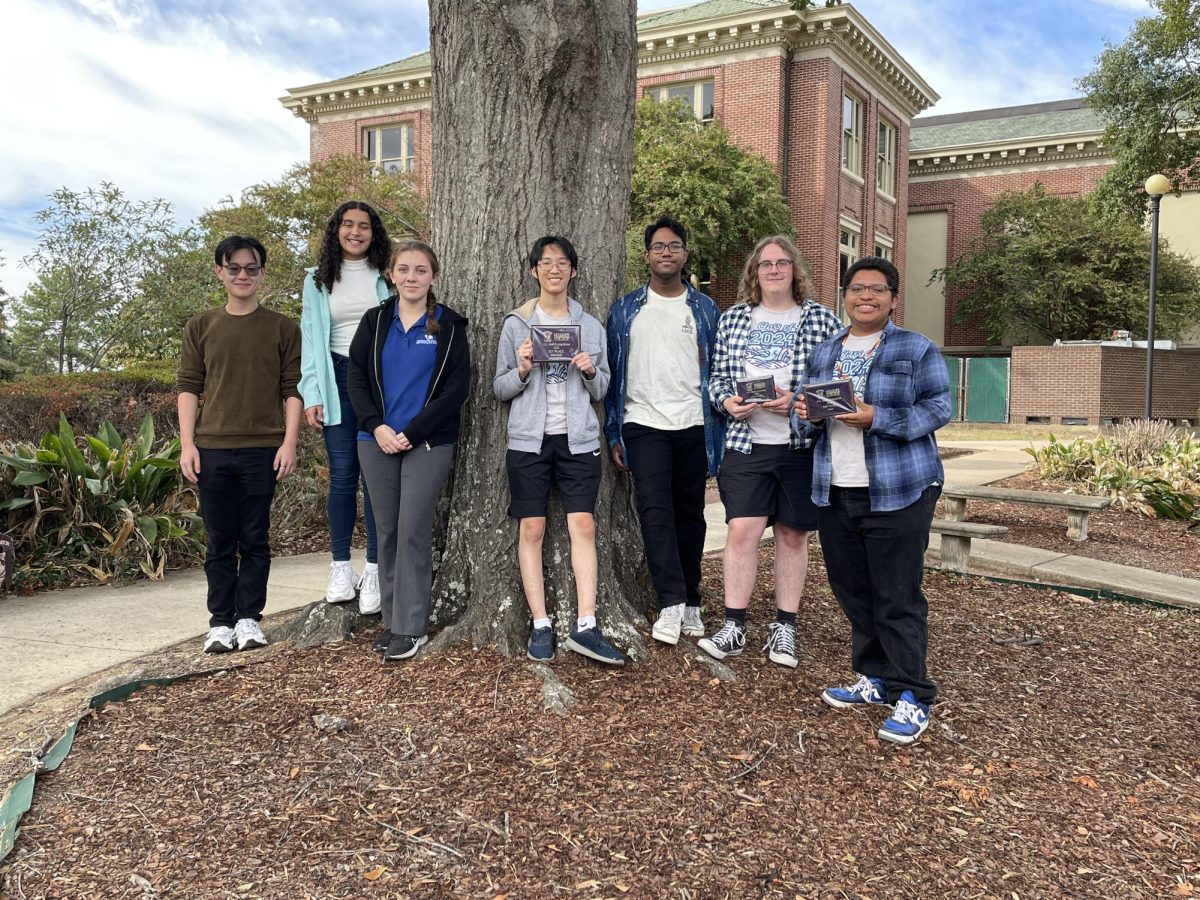 From left to right, juniors Andy Chen and Domini Jha and seniors Jackie Smith, Landon Tu, Sai Narla, Jackson Williams and Iysiahs York pose on Millsaps Colleges campus after their wins at the Oct. 21 Millsaps Math Contest.