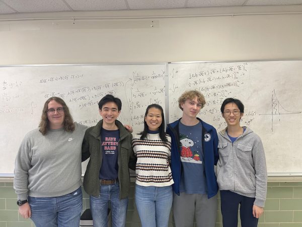 From left to right, seniors Jackson Williams, Noah Lee, Iris Xue, Geoffrey Melton and Landon Tu pose together after their Differential Equations class. All five were named candidates for the 2024 U.S. Presidential Scholars Program.