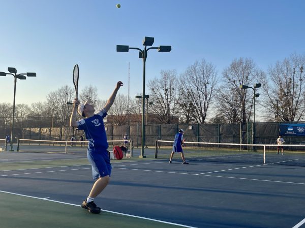 Ryan Wu serves against Houston on Feb. 20. The MSMS tennis team posted mixed results against Houston and Heritage Academy in late February, sweeping the former 7-0 and dropping its match against the cross-town competition 4-3.
