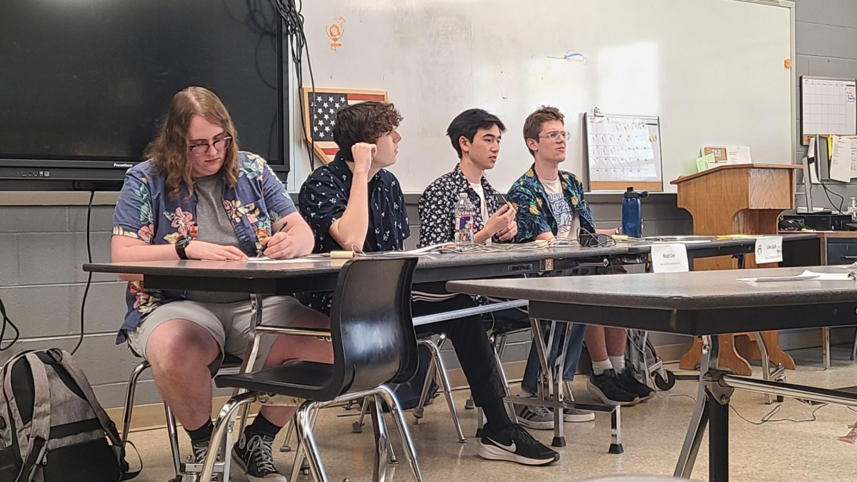 From left to right: seniors Jackson Williams, Jacob Neal, Noah Lee and Jules Gallo compete in the NAQT Mississippi State Championship. 