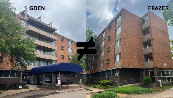 Frazer Hall (left) and Goen Hall are shown side-by-side. The differences between the two dorms goes much further than the state of the elevators or how often the fire alarms go off. 