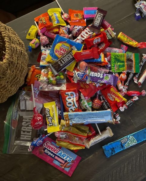 Candy is piled from Halloween trick-or-treating.