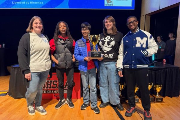 From left to right: Esports coach Stacey Holmes and members Le'Baudrio Bridgeford, Aarya Patel, Lillian Adcock and Israel Cecil took home the 2024 Fall Mario Kart Championship on Dev. 10 at the University of Southern Mississippi. The team later secured its second victory on April 26.