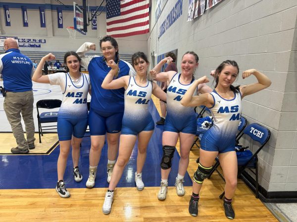 Goen wrestlers pose at a meet at Tuscaloosa County High School on Jan. 14. From left: juniors Alissa Hull, Kyra Means, and Harper Hipp, and seniors Nina Weinstein and Annabelle Banda.
