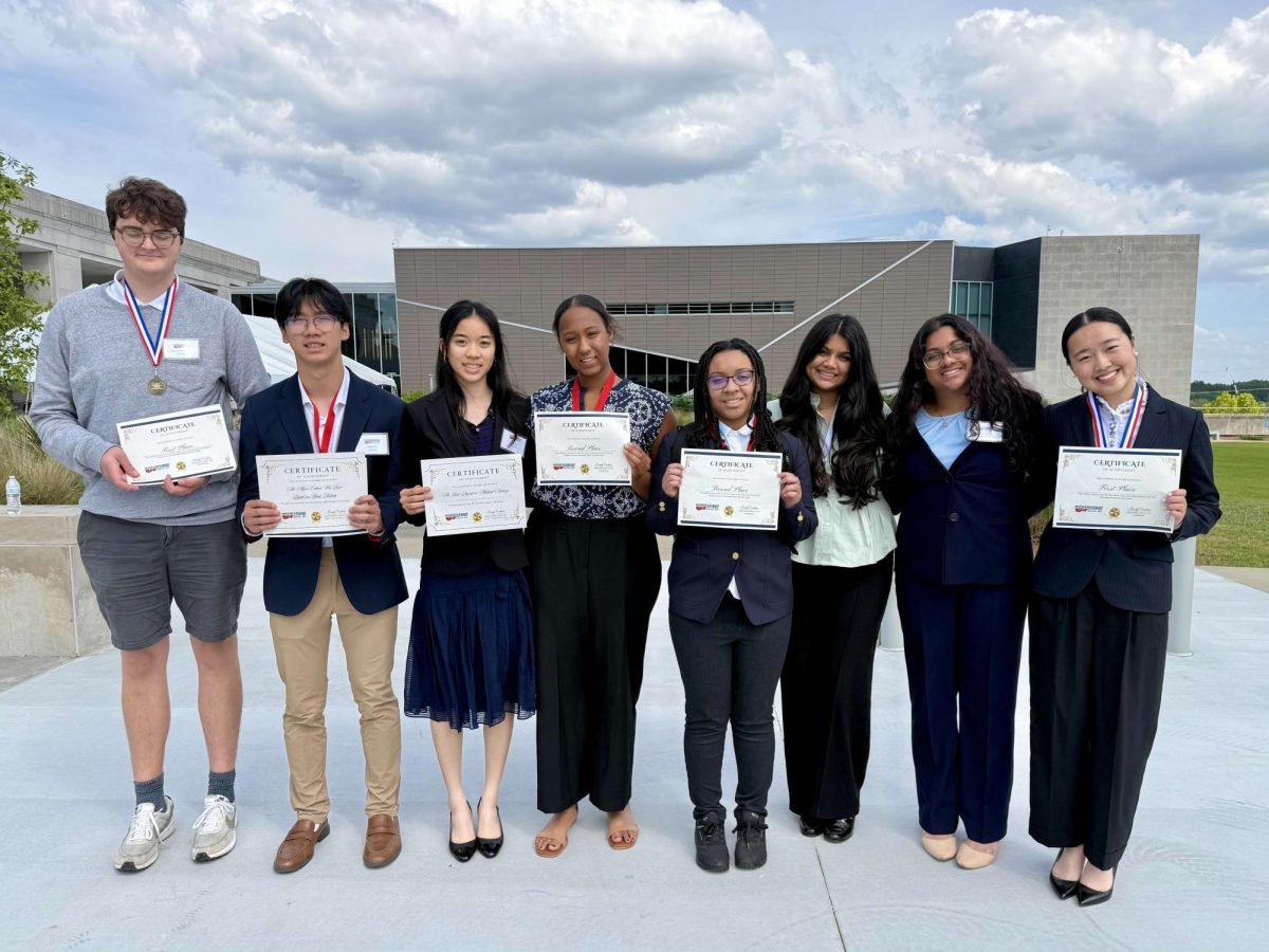 Pictured from left to right are senior Walt Giesen and juniors Daniel Hu, Angelina Tan, Jordyn Taylor, Jaida Denz, Heer Patel, Ananya Mantri and Cathy Shao.